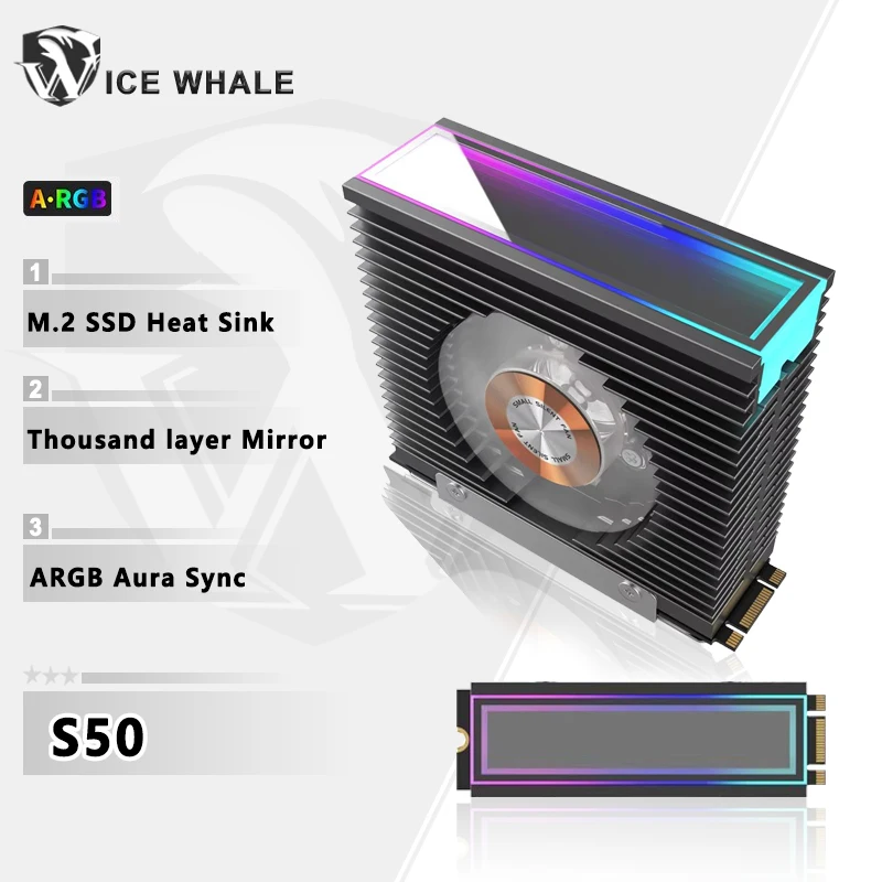 ICE Whale S50 M.2 SSD Heat Sink Dual Fan Thousand Layer Mirror ARGB Aura Sync M.2 2280 NVME Solid State Cooler All Aluminum