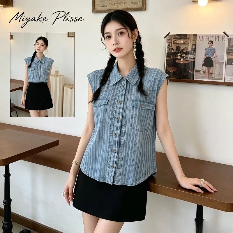 Miyake Pleated 2026 Summer New Vintage Fashion Faux Denim Collar Short Sleeve Shirt Sleeveless Elegant Commuter Top for Women