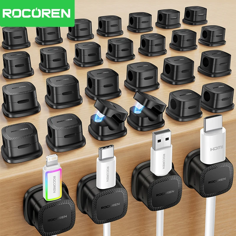 ROCOREN 30 Pièces Clips Magnétiques Organisateurs de Câbles pour Bureau et Domicile, Gestion Réglable des Câbles, Fixateur de Fils, Support de Câbles