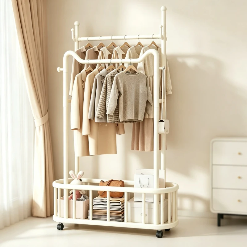 Cream White Double Rod Clothe Rack With Storage Basket Garment Hanger Stand With Rolling Wheels Side Hooks For Bedroom Organizer