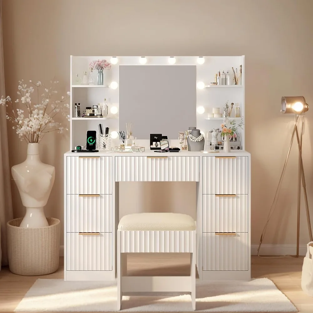 

Fluted Makeup Vanity Desk with Mirror & Lights & Power Outlet, Small Vanity Table W/ 7 Drawers & 4 Storage, Customized
