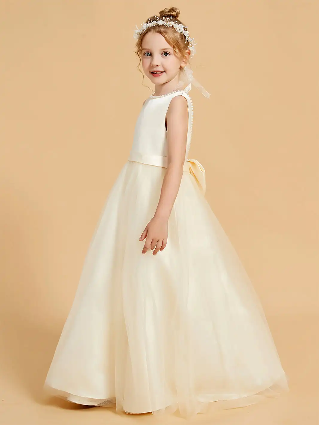 Abiti da ragazza di fiori di bellezza con perline con Tulle eleganza a-line abiti da sposa lunghi fino al pavimento abiti da festa di compleanno per bambini increspati