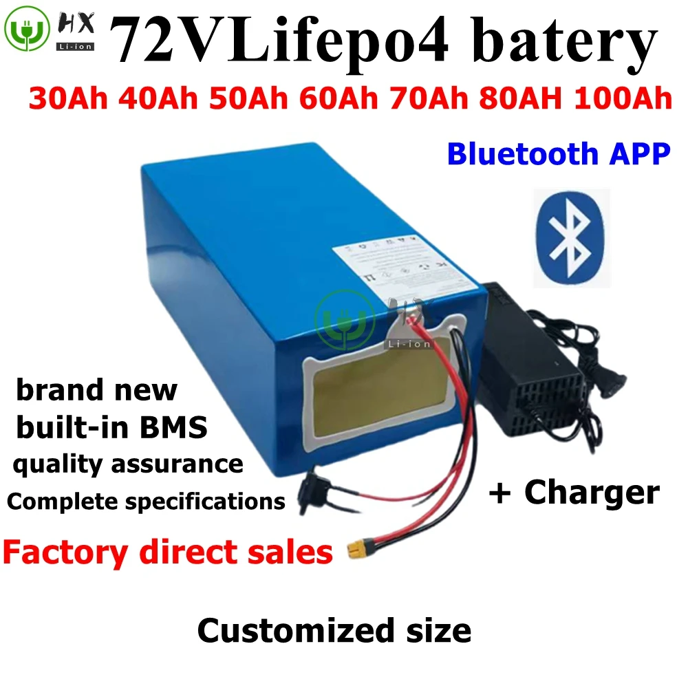 HX-Batterie au lithium LiFePO4 avec charger, Bluetooth, BMS, 72V, 50Ah, 60Ah, 30Ah, 72V, 40Ah, 100Ah, 80Ah, 5000W, scooter.