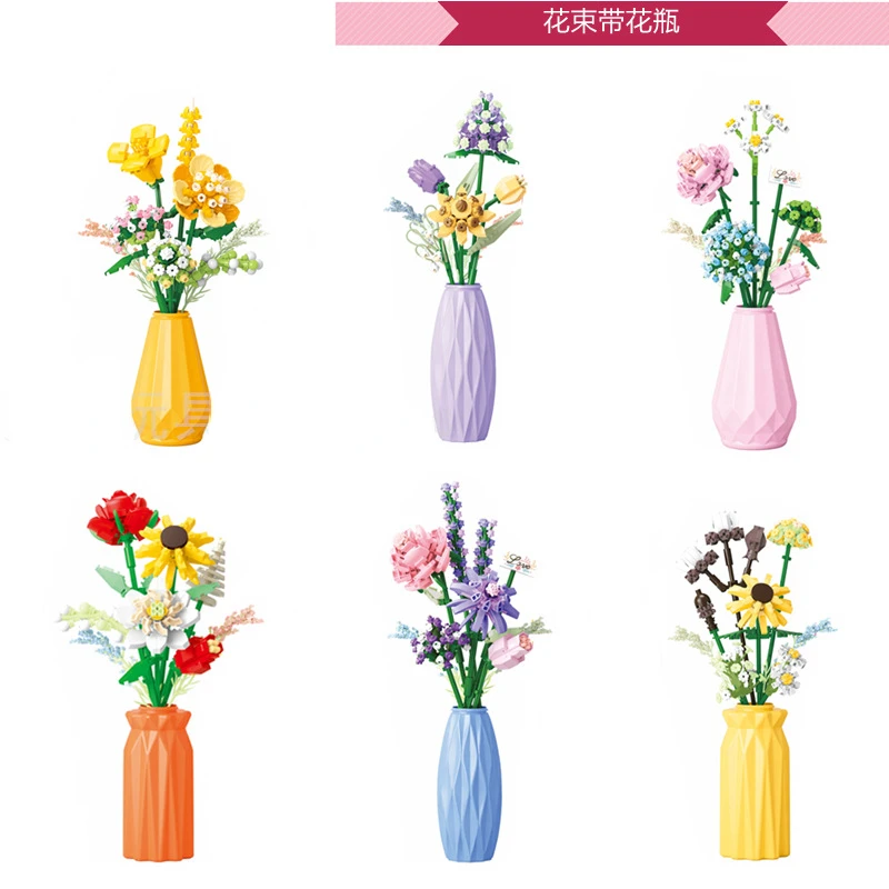 Vase bouquet Building blocks Flower Holiday decoration Children girls matching gift toys