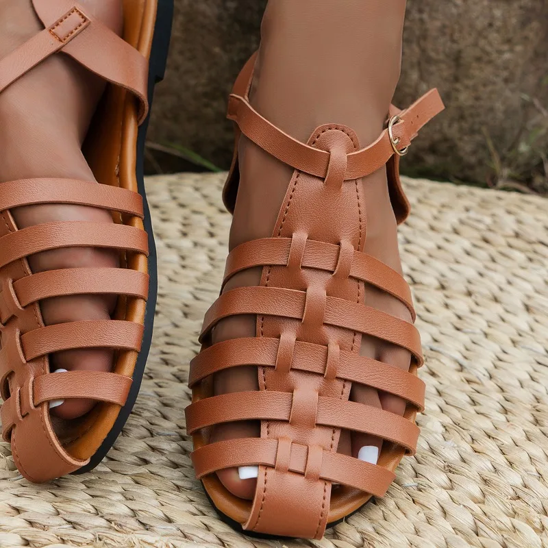 Gran oferta 2024, zapatos de mujer Baotou, sandalias de mujer a la moda, sandalias informales con correa y hebilla, sandalias planas de talla grande de verano para mujer