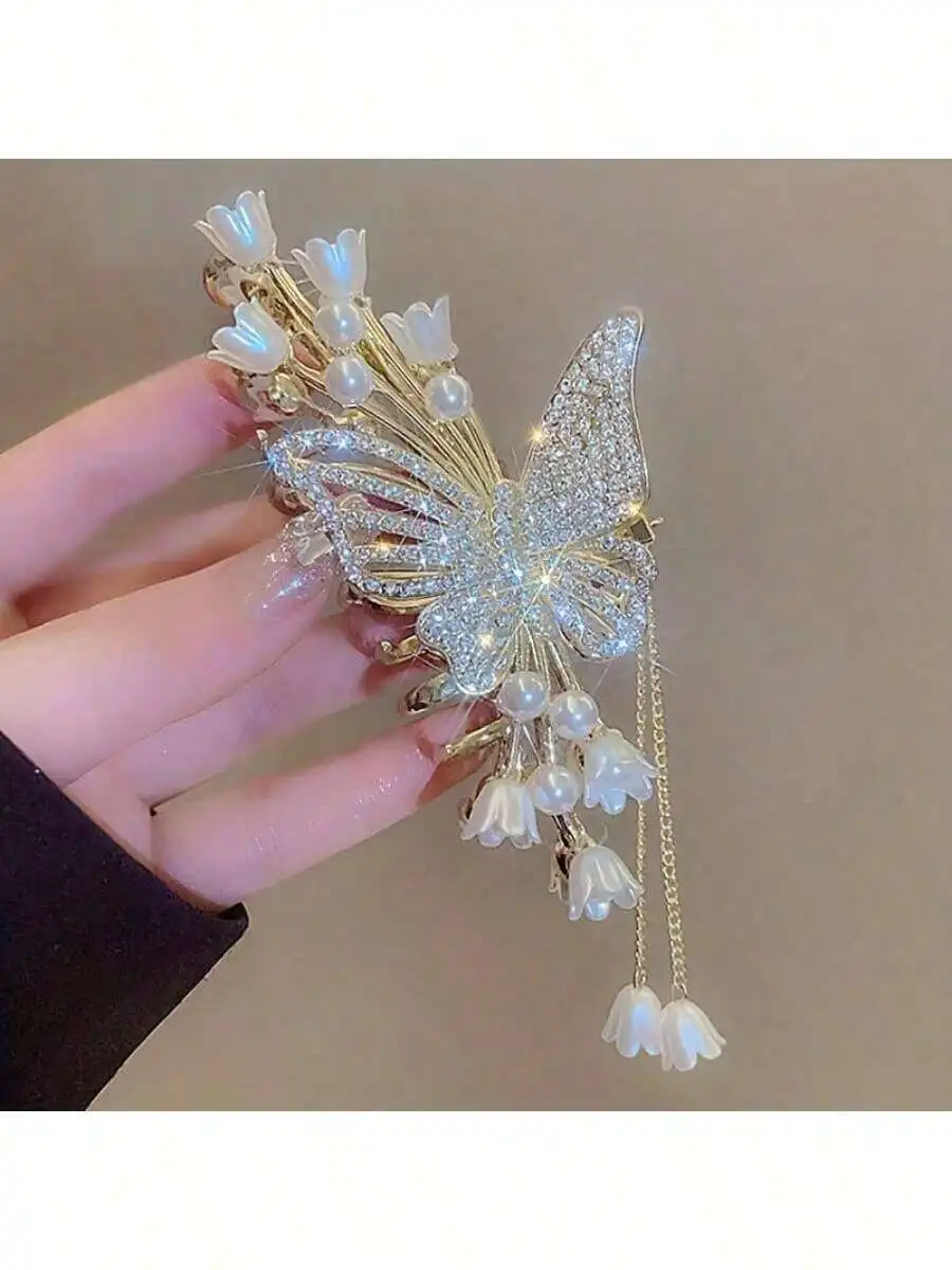 

Elegant Rhinestone Butterfly Hair Claw Clip With Faux Pearl Flowers And Tassel, Zinc Alloy Women’s Styling Accessory