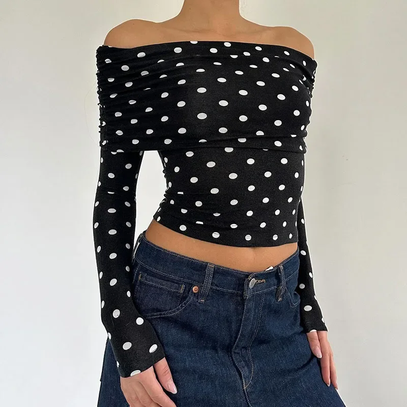 2024 autumn winter retro polka dot print contrasting one shoulder strapless T-shirt new slim fit and slimming base top - Image 3