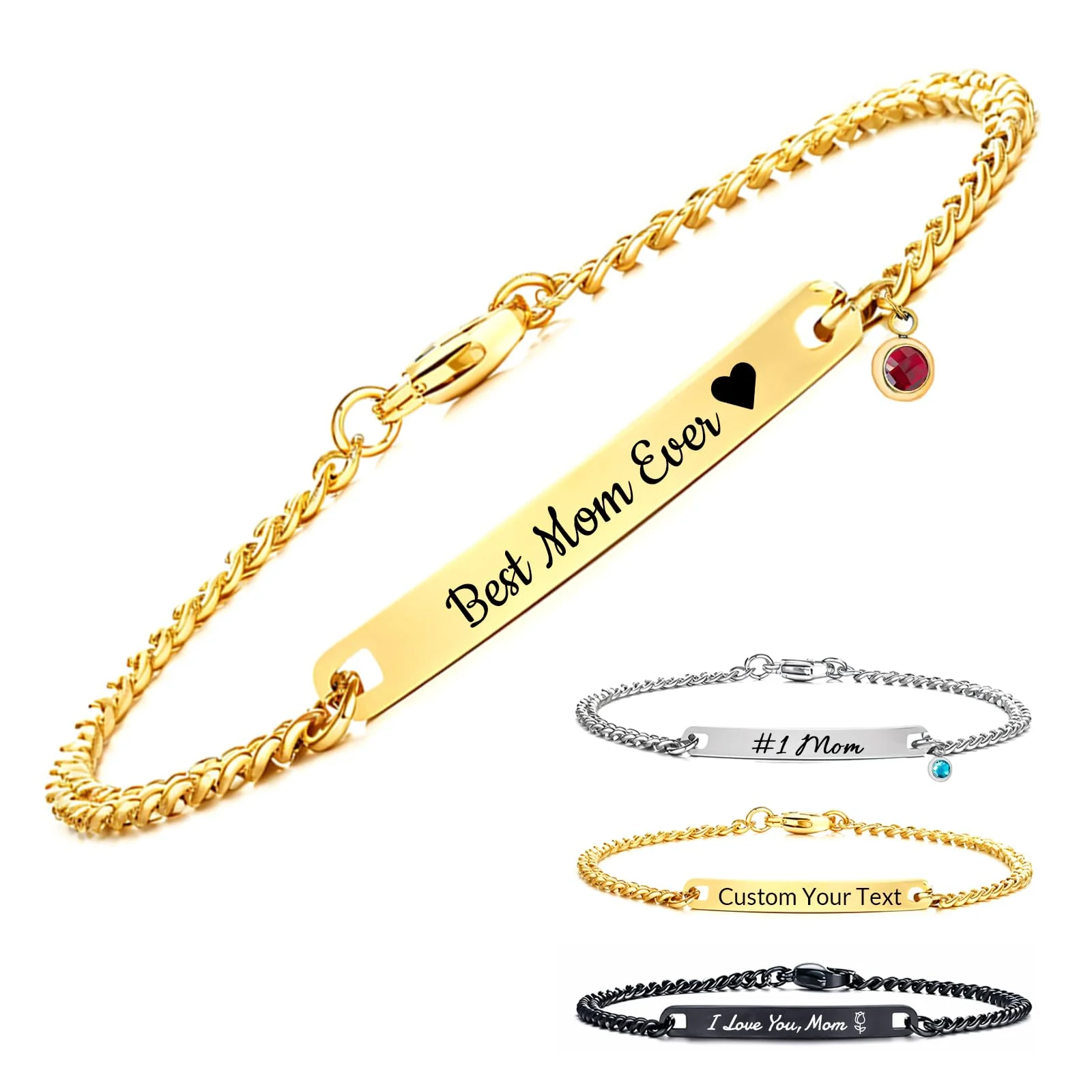 Custom Name Bar with Birthstone Bracelet Personalized Engraved Text Stainless Steel Cuban Chain Jewelry Gift for Men Women Lover