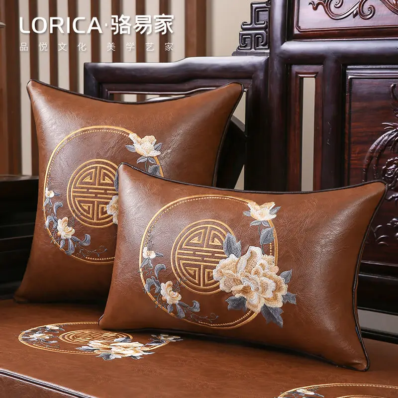 Chinese Style Thicken leather Cushion Cover Brown embroiderd pillow case sofa decor