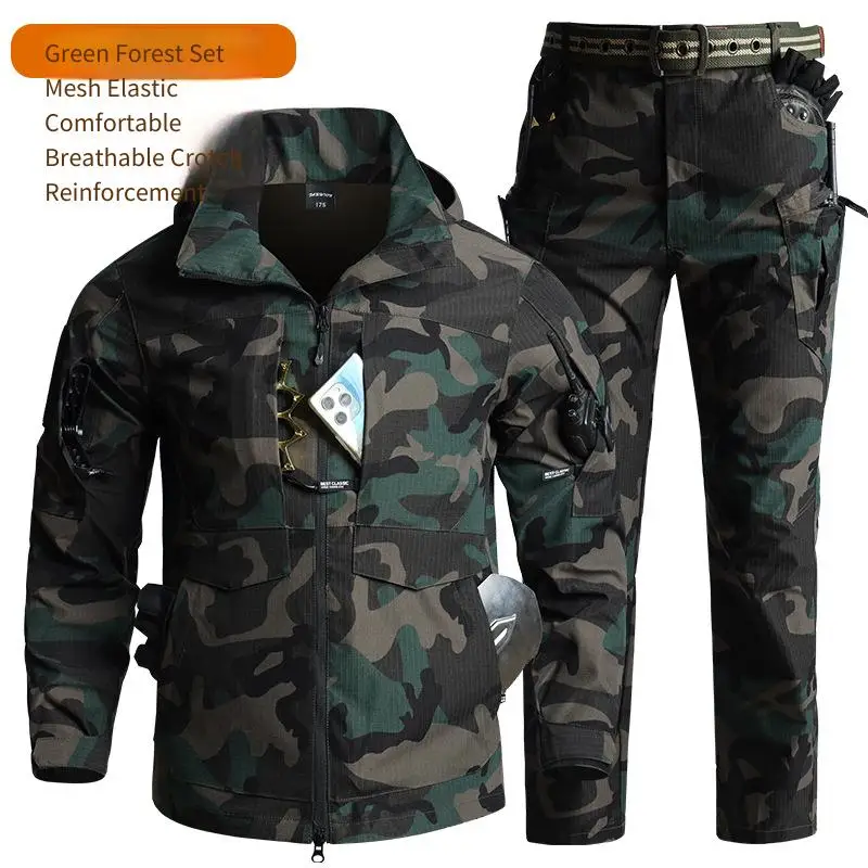 Men Camouflage Tactical Gear Set Hooded Breathable Rip-stop Jacket + Multi-Pocket Cargo Pants Outdoor Hiking Hunting Sports Set - view 2