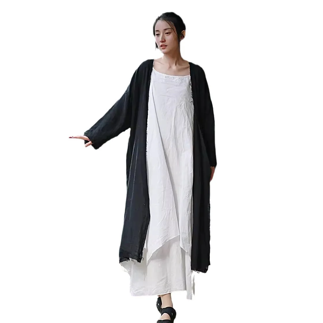 2024 Spring Summer New Cotton Linen Women Fur Edge Design Cardigan Trench Coat Chinese Style Sun Protection LX118