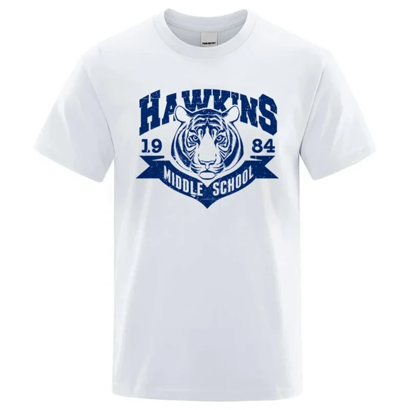 Camisetas engraçadas estampadas masculinas, camiseta de tigre do ensino médio Hawkins, roupas soltas de algodão, o pescoço, respirável, manga curta, 80536