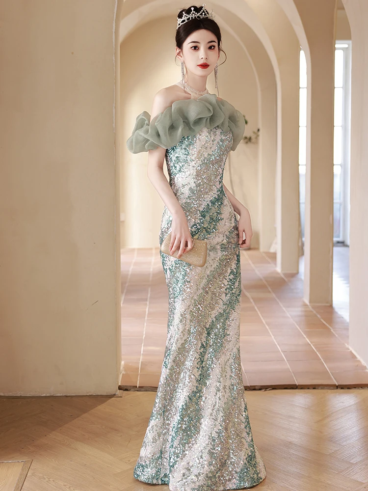 

Ele Evening Gown Fi Tail Skirt Sparkling Sequins Women's Faionable Par Dr Long Svel Polyester Fiber