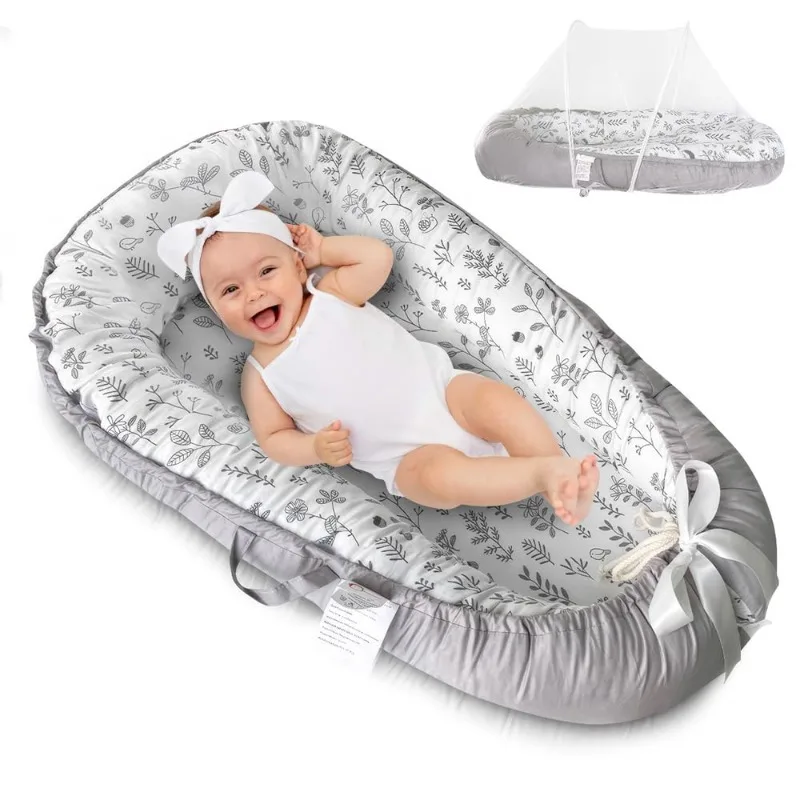Tumbona para bebé recién nacido con mosquitera desmontable, tumbona nido de algodón ultrasuave y acogedor, tumbona reversible para bebé