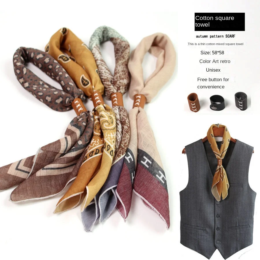 Japanese-Style  American Casual Artistic Style Versatile Men's Scarf Leather Ring Small Scarf Hip Hop Style Wrist Towel 60