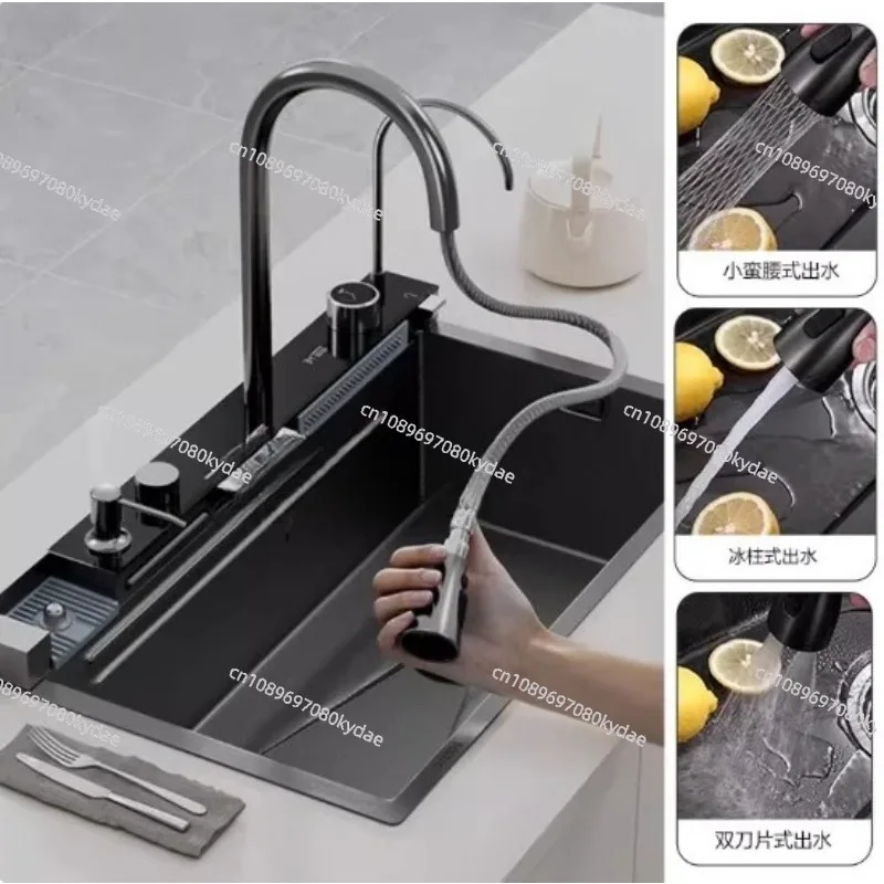 100x50cm Stainless Steel Waterfall Kitchen Sink With Knife Holder Digital Display Faucet Set Embossed Extra Large Single Slot
