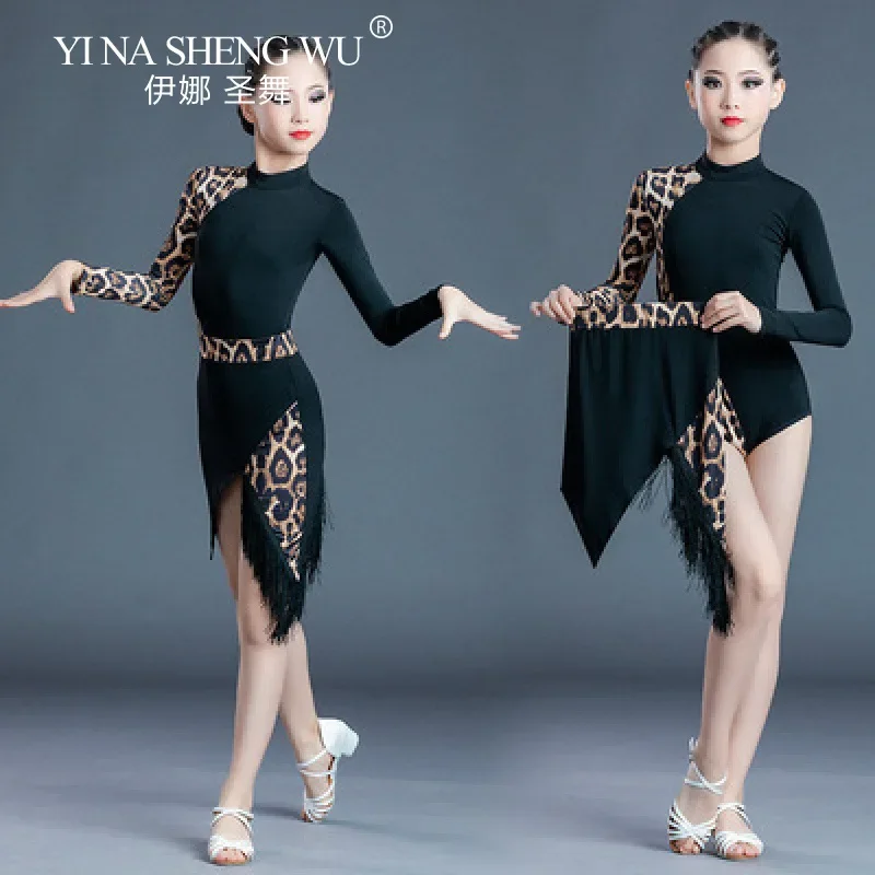 Costume d'entraînement de danse latine professionnel pour enfants, jupe body à franges imprimé léopard, Costume d'examinations classés de danse pour filles