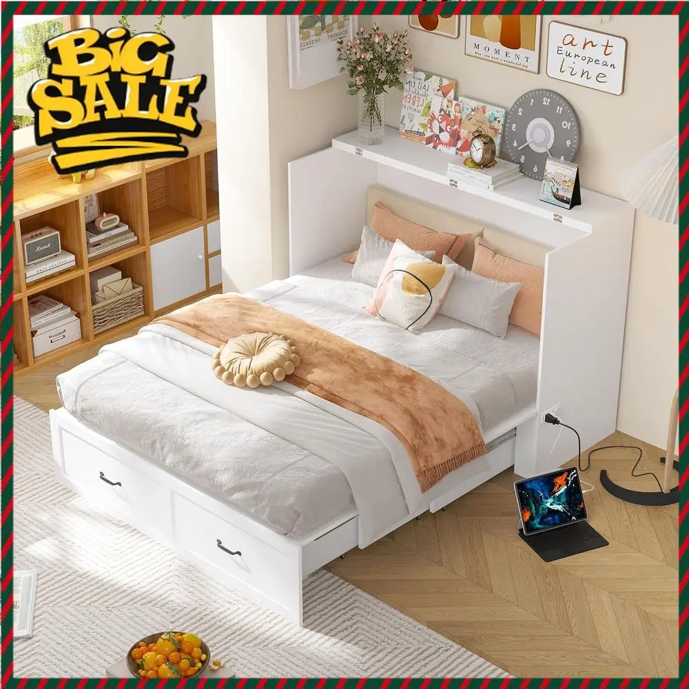 

Бестселлер: Складная кровать-трансформер размера Queen с ящиком для хранения, встроенной розеткой и выдвижными ящиками, белая