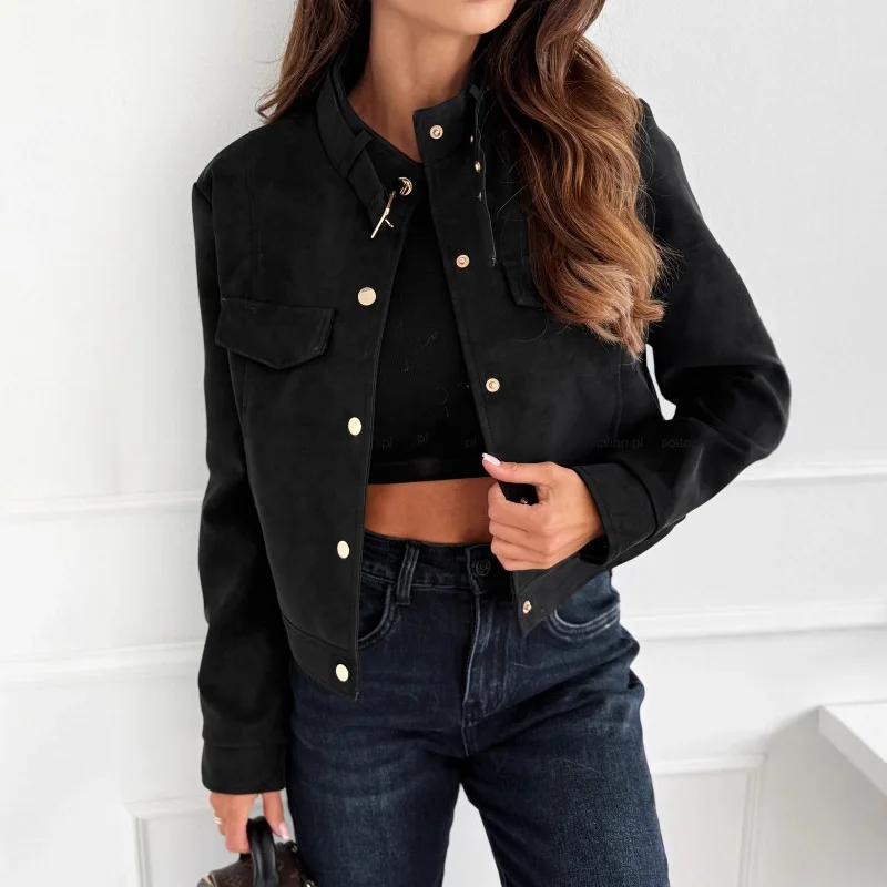 Basic Jacket Cropped Zip Women Coat Fleece Jacket Flight Suit Top Button-Down Collar Pockets 2025 Autumn Denim Jacket Women