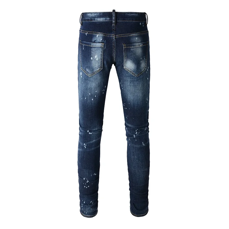 Herren Jeans mit Löchern und Patchwork-Design, Streetwear, dunkelblau, Stretch-Hose, bemalte Skinny Tapered Hose – Detail 16
