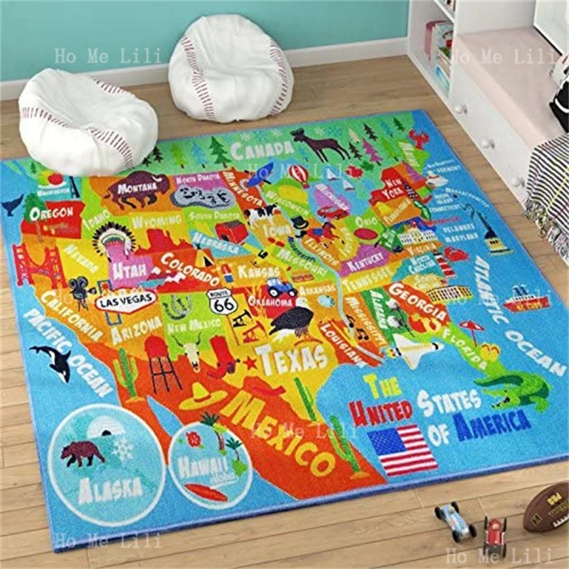 The World United States Geography Map Learning Flannel Floor Rugs Game Multi Color Carpet For Kids Children Bedroom Playroom