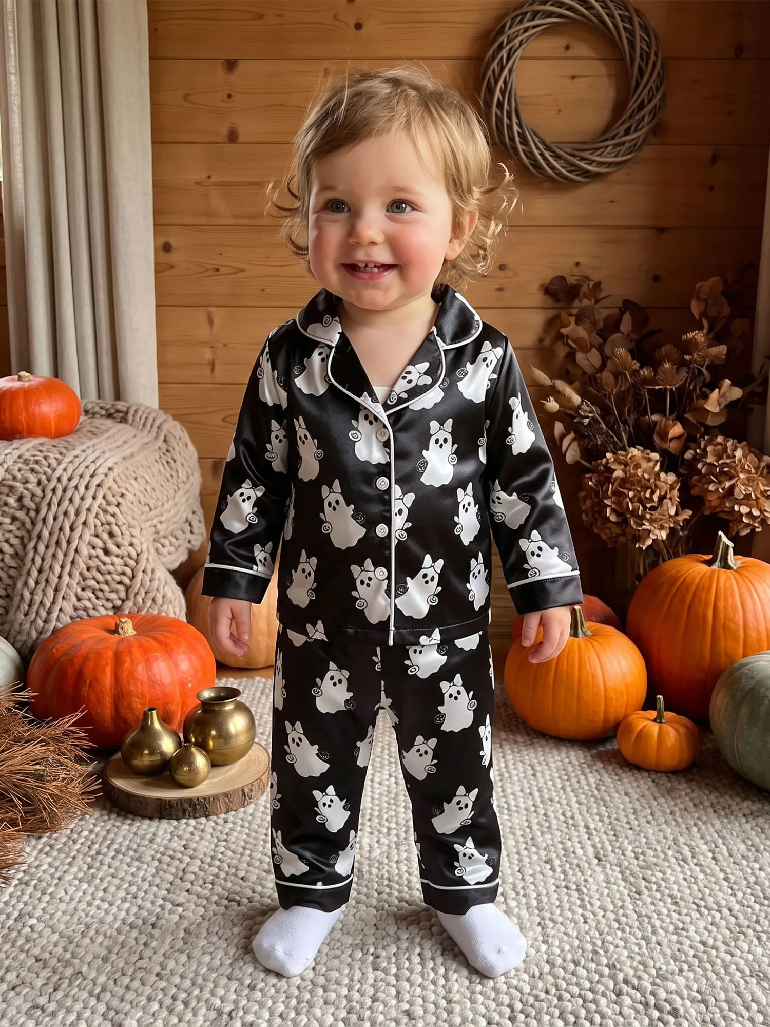 Print Long Sleeve Tops Pajamas-Ghost-Print Girls Halloween Girls Halloween Pajamas Girls-Halloween Print Long Sleeve