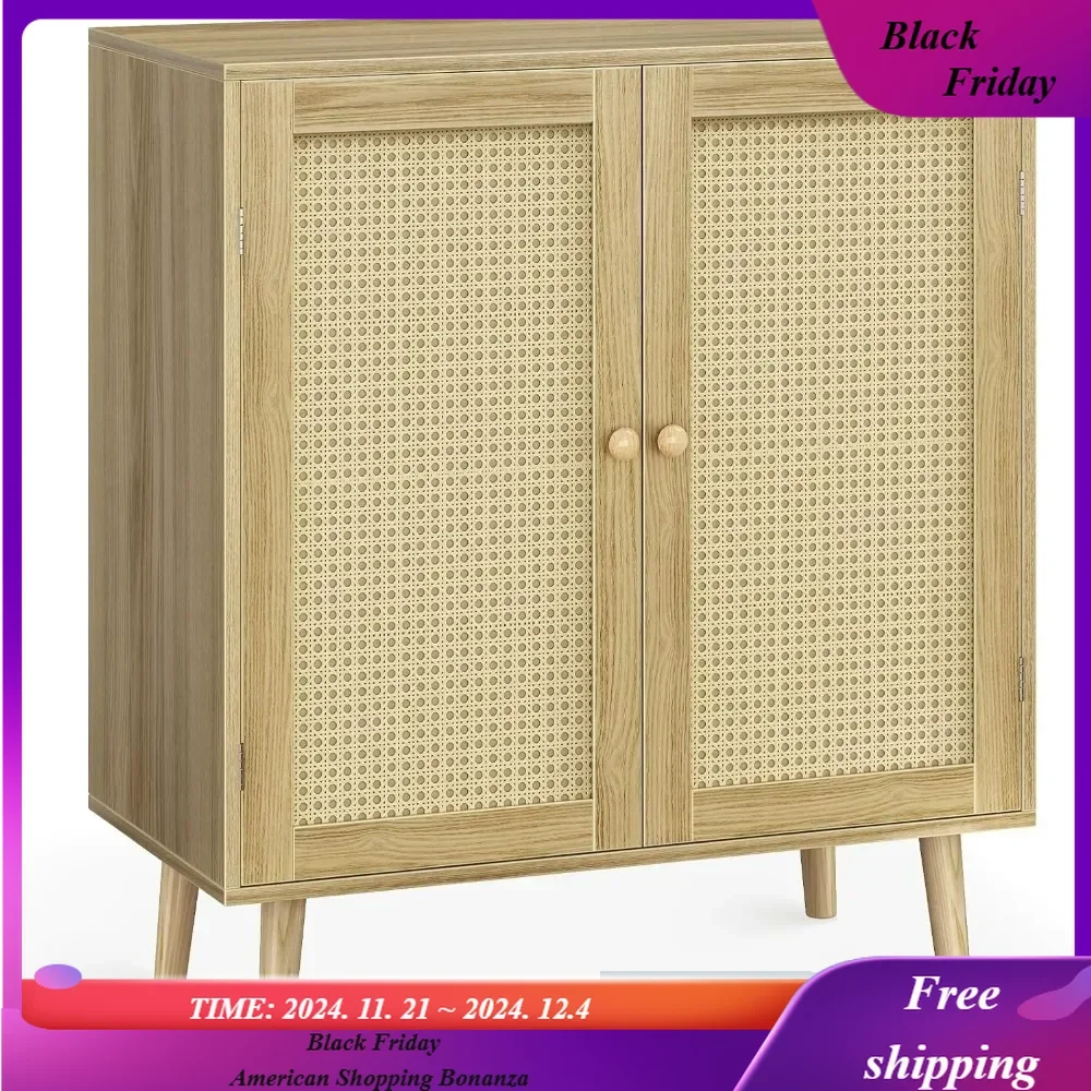 

Buffet Cabinet with Storage, Storage with PE Rattan Decor Doors, Accent cabinet with Solid Wood Feet,Sideboard Cabinet Natural