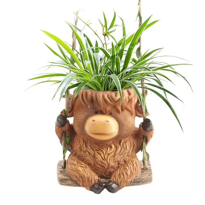 Creative swinging highland cow resin flower pot cute animal shape hanging succulent green plant potted balcony