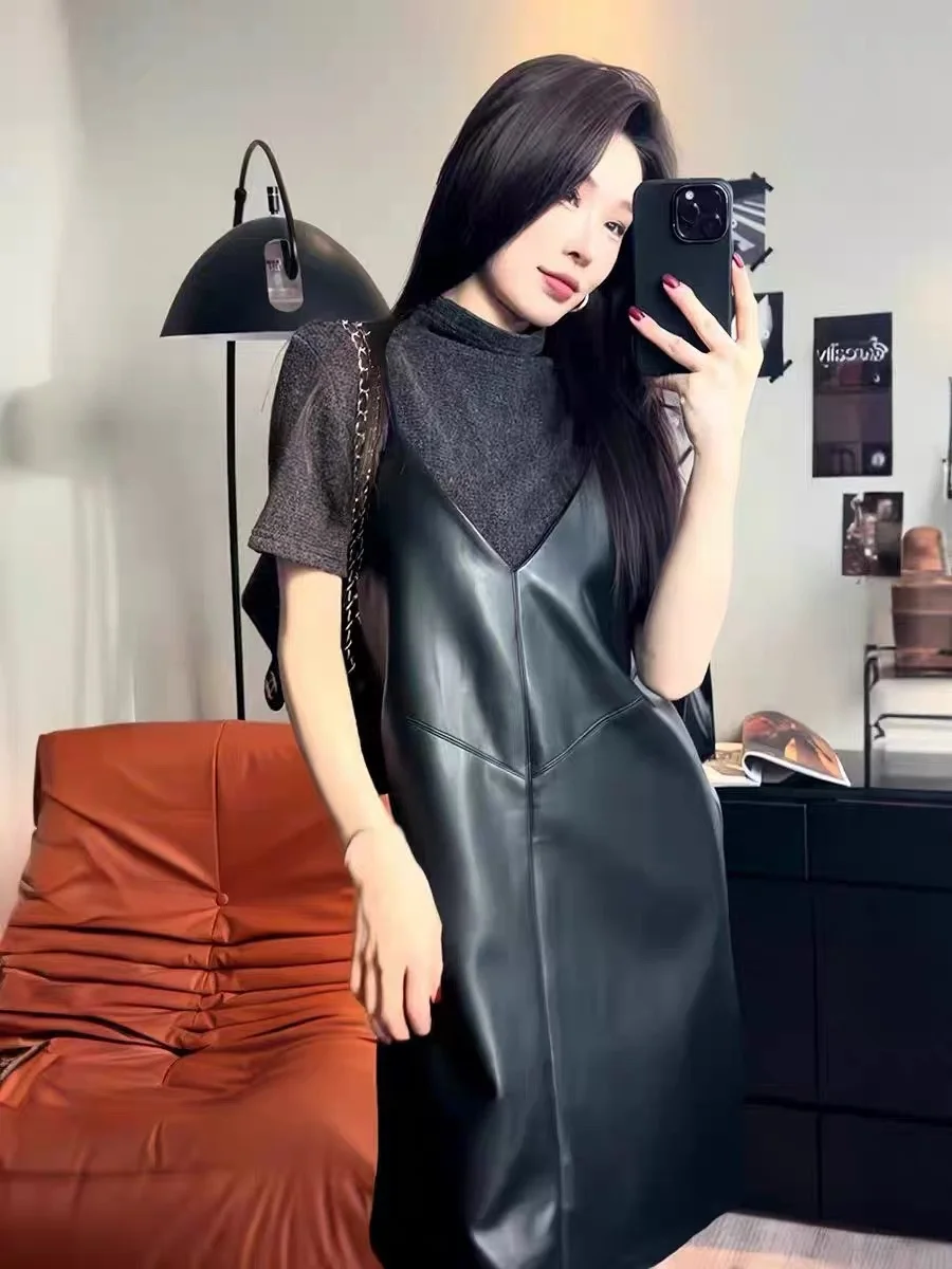 

Новая осенне-зимняя женская модная кожаная платье-рубашка в уличном стиле с V-образным вырезом, свободного кроя, повседневная, универсальная