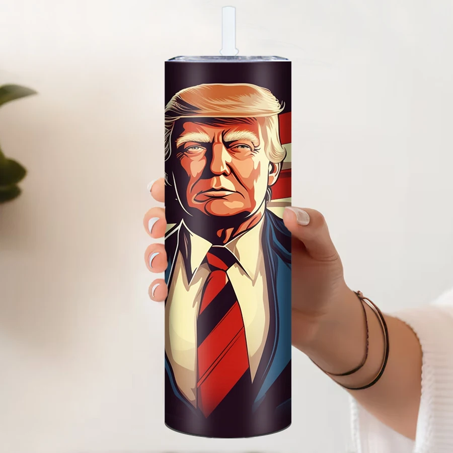 20oz Stainless Straight Water Bottle With Straw Lid 3D Print Trump & Flag Exquisite Skinny Straight Tumblers Outdoor Travel Cups