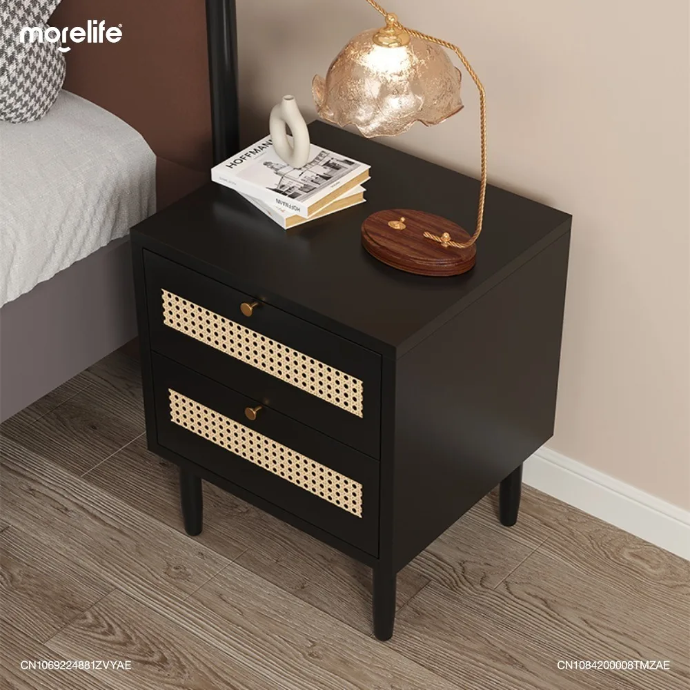 

Modern Medieval American Style Black White Versatile Bedside Small Storage Cabinet Retro Rattan Woven Nightstand Bedside Table