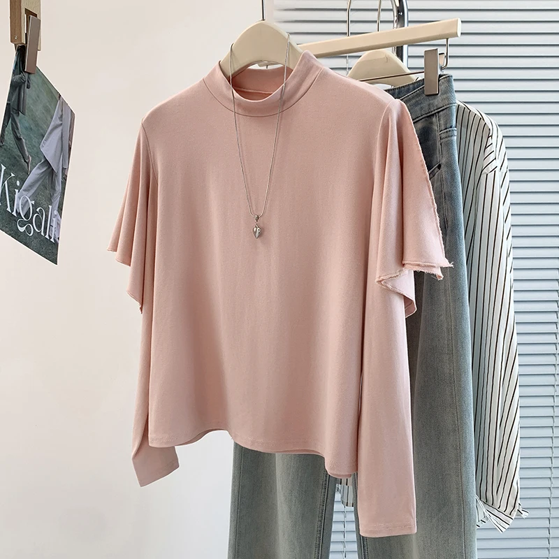 Spring Autumn New Korean Design Sensation Subtle Age Reduction Versatile Base Shirt Irregular T-Shirt Top Button Ladies Cotto...