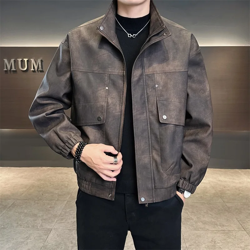 

2025 Autumn Stand Up Collar Casual PU Leather Jacket Men Zipper Loose Motorcycle Bike Jacket Streetwear Social Men Clothing