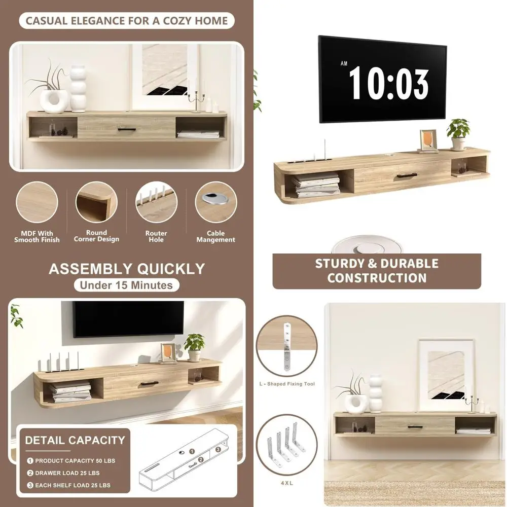 

Компактная дубовая подставка под телевизор с плавающей полкой и дверцей для 55 настенных телевизоров, идеально подходит для спальни и гостиной