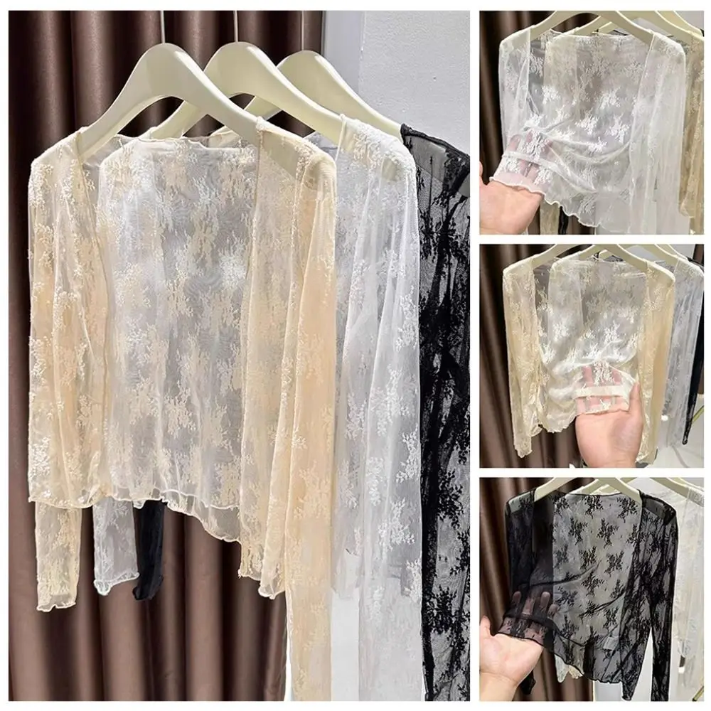 Casual Long Sleeve Hollow Cardigan Lace Hollow Sunproof Blouse Chiffon Lightweight Casual Long Sleeve Coat Casual Outing