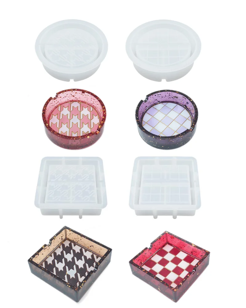 DIY Round Square  Ashtray Silicone Mold Checkerboard Pattern Thousand Bird Pattern  Ashtray Mirror Crystal Epoxy Resin Molds