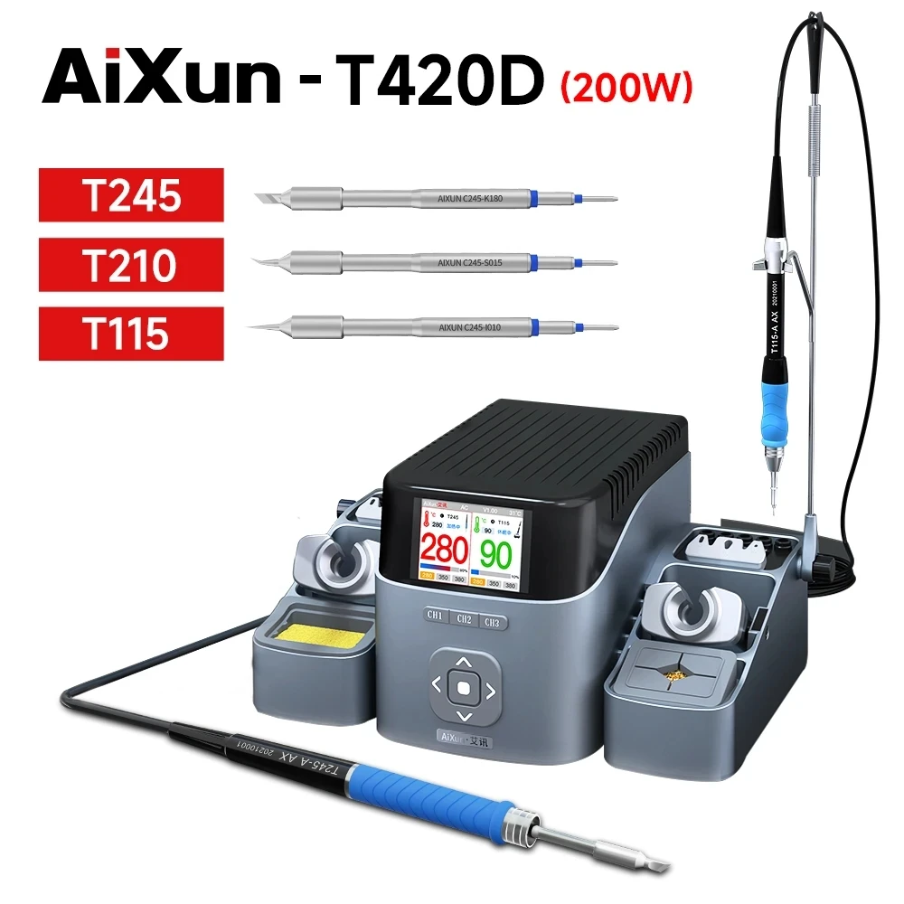 AiXun T420D Dual Channel Smart Soldering Station, Intelligent Temperature Control HD Liquid Crystal Display, Repair Solder Tools