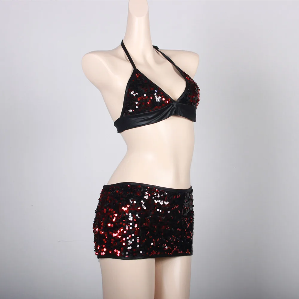 Shiny Sequin 2 Piece Set Women Sexy Split Mini Skirt and Backless Crop Bra Top Two Pieces Sets Club Party Rave Festival Outfits