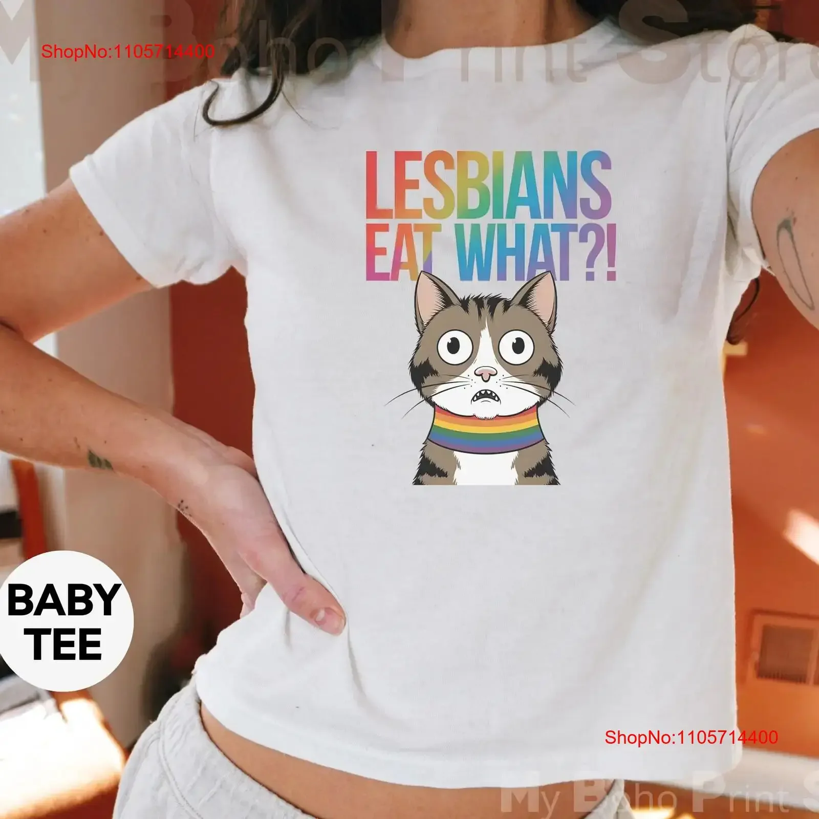 Lesbians Eat What Baby T Shirt Funny Cat Inappropriate Lesbian WLW Bisexual Pride For Her 90s Y2K Bi Crop Top vintage Washed