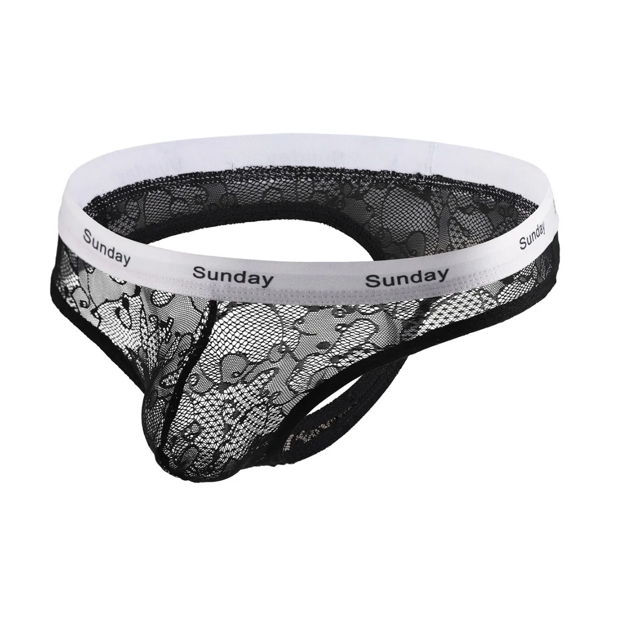 Men's Sunday Low Waist Sexy Lace Bikini Briefs, Sheer See-Through Transparent U-Pouch G-string Sissy Erotic Open Buttocks Thongs