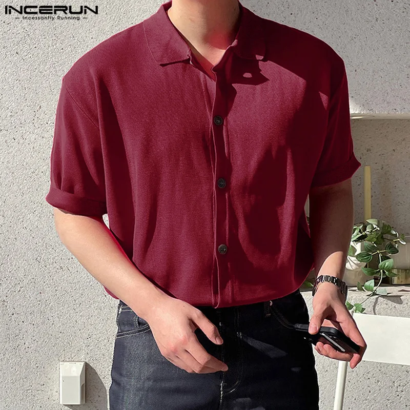 

INCERUN Tops 2024 Korean Style Handsome Men's Lapel Solid Knitted Shirts Casual Streetwear Male Lapel Short Sleeved Blouse S-5XL