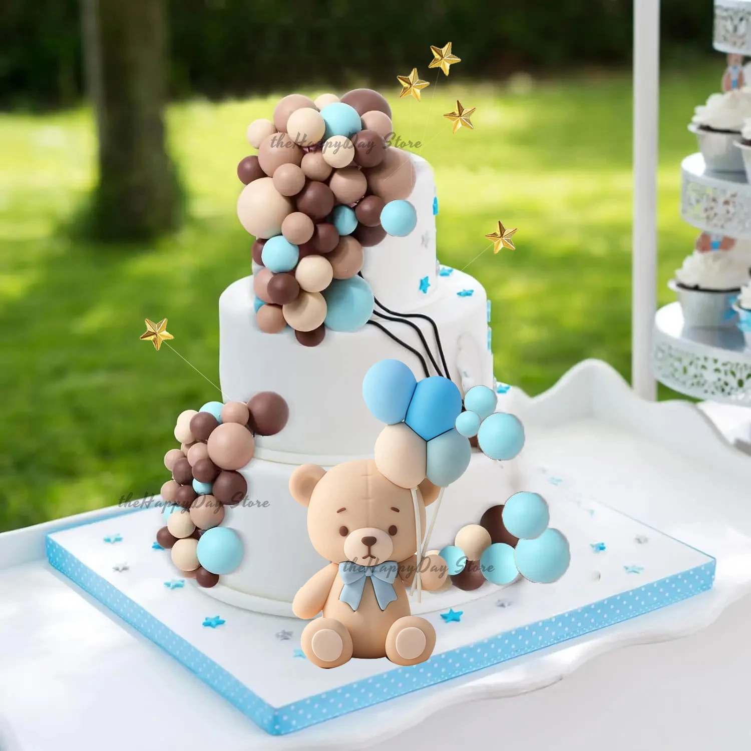 1 Set Blaue Bären-Kuchendekoration 3D Bär Blau-Beige Bälle Kuchenaufsätze Bären-Geburtstag We Can Bearly Wait Babyparty Kuchendeko – Detail 38