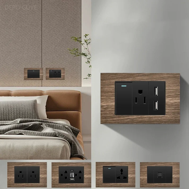 American Aluminum Wood Wall Switch Socket Plug,US Mexico Standard Wood Grain Wall USb Type C Power Outlet Light Switch Panel