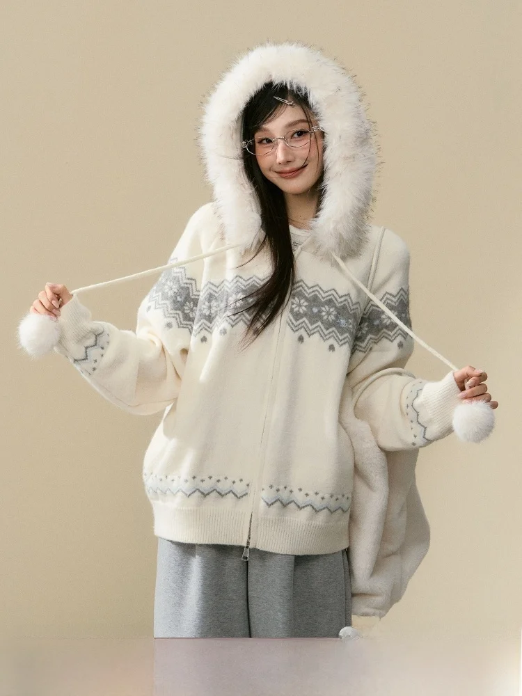 

ELEVEN SLEEP Ladies Casual Knitted Sweater Coat with Fur Collar Autumn Winter Comfortable Soft Polyester Nylon Blend Long Sleeve