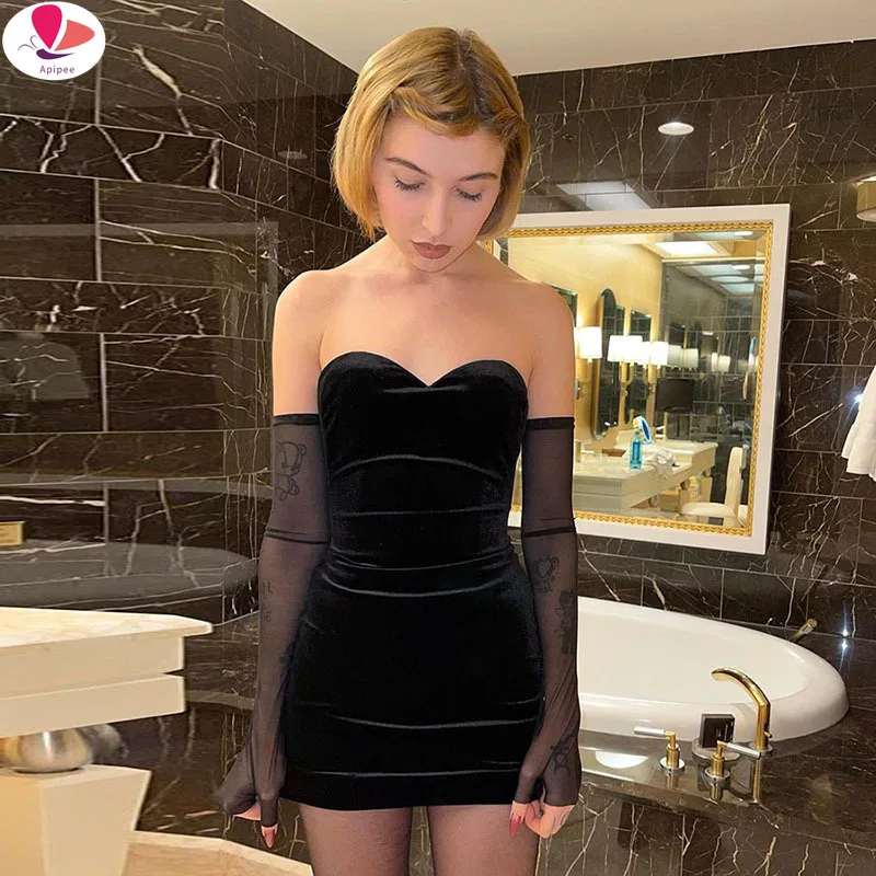 

APIPEE Fashion Sexy Party Beach Birthday Black Strapless Dress Women New Simple Slim Removable Mesh Sleeves Female Dresses