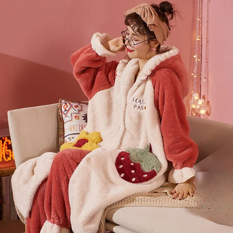 Strawberry Cute Women's Coral Fleece Sleepwear with Hood Long Cardigan Pajamas Set Pant 2Pcs Home Clothes Bathrobe Loungewear