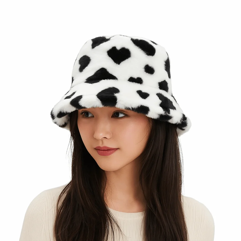 Sweet Faux Fur Fisherman Hat Thicken Fluffy Love Heart Bucket Hat Warm Korean Style Winter Hat Ladies