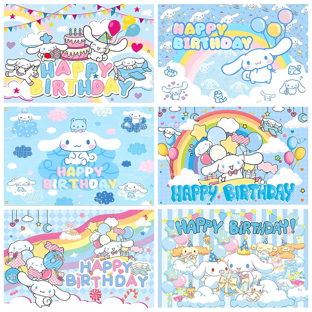 

Cartoon Cinnamoroll Sanrio Backdrops Children's Happy Birthday Party Decor Banner Rainbow Balloons Baby Shower Photo Background