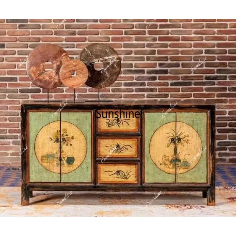 

New Chinese solid wood retro dining side cabinet hand-painted classical painting cabinet, painted locker living room B & B