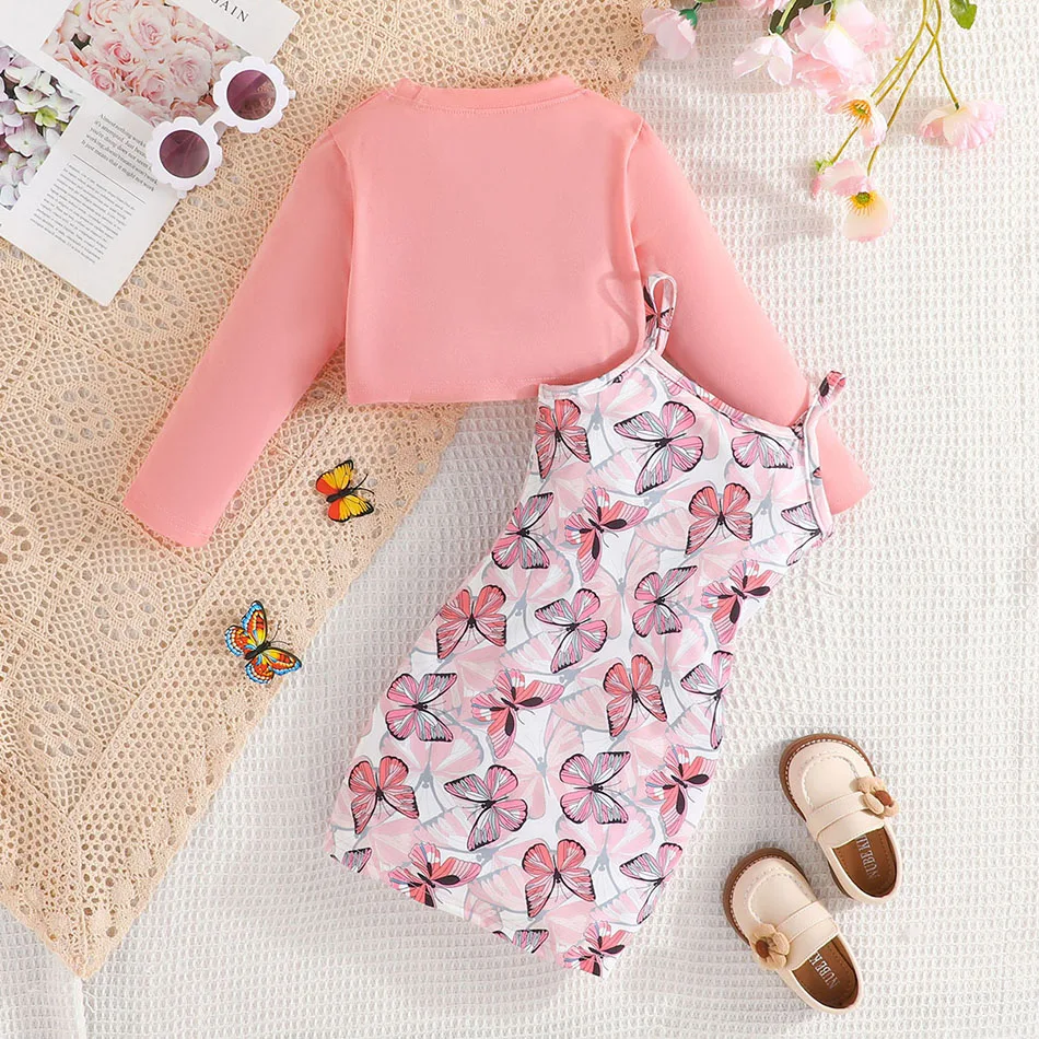 Girls Children Clothing Two-Piece Set with Butterfly Print Dress and Top Comfort and Style Casual Children Sets 2-8 Years Old